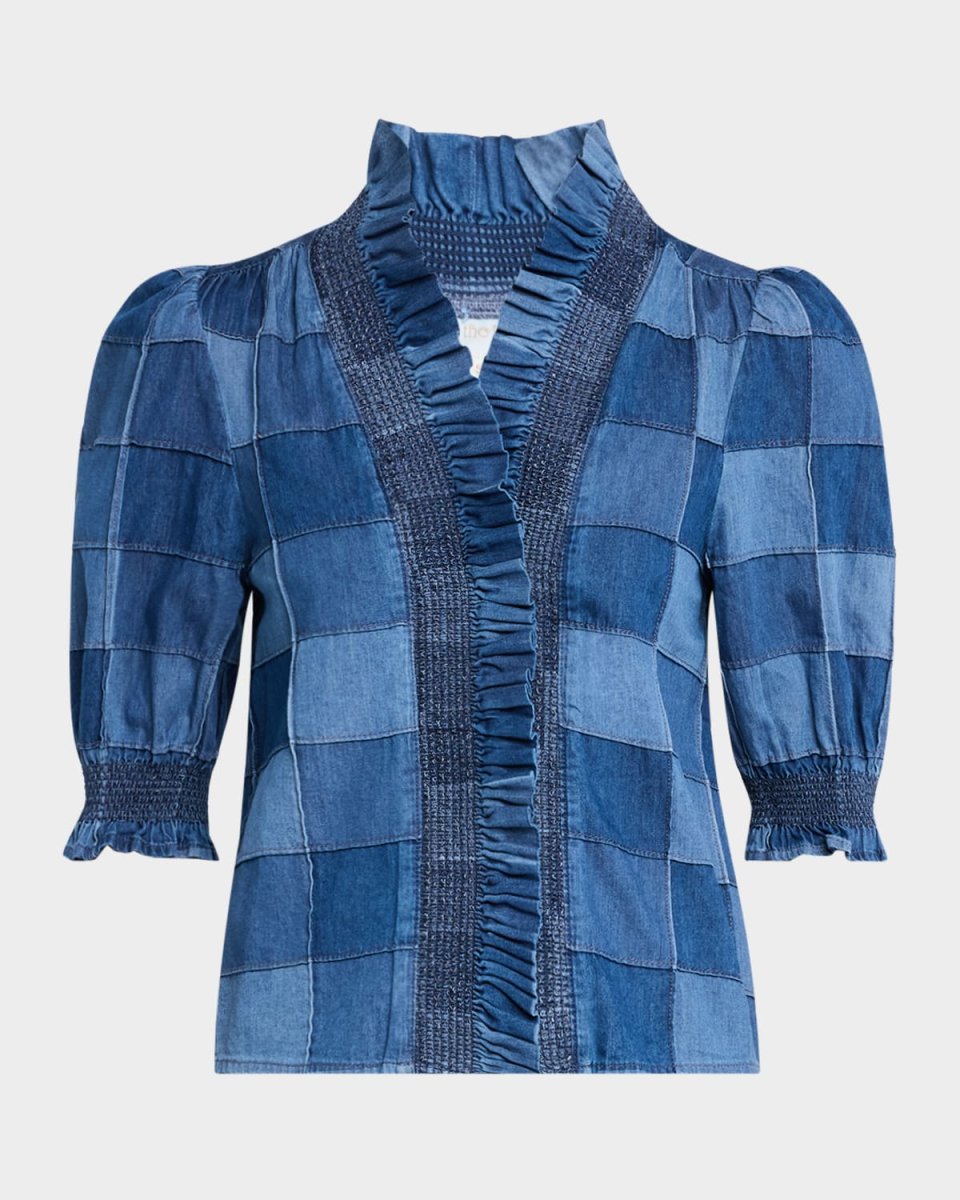 Zuri Patchwork Denim Puff-Sleeve Top